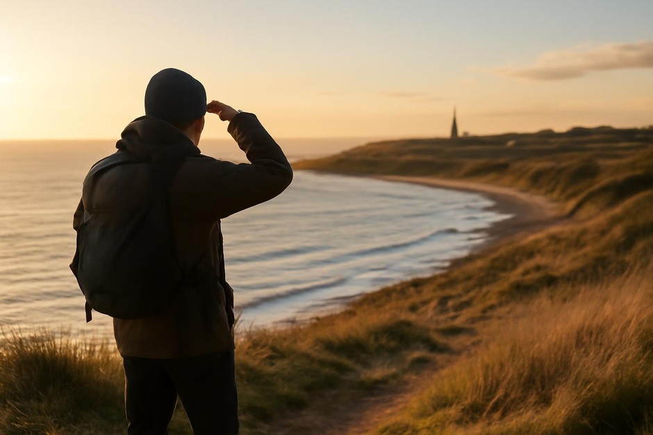 A walker reading a coastline with a low sun and distant church spire as a landmark
