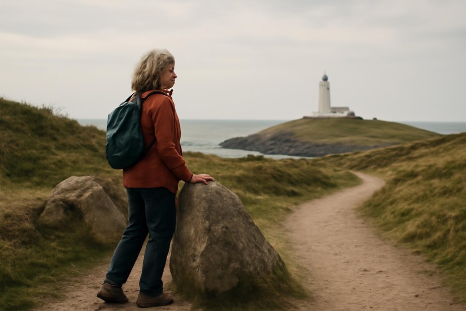 A walker pausing beside a distinctive rock and looking toward a distant lighthouse on a coastal path