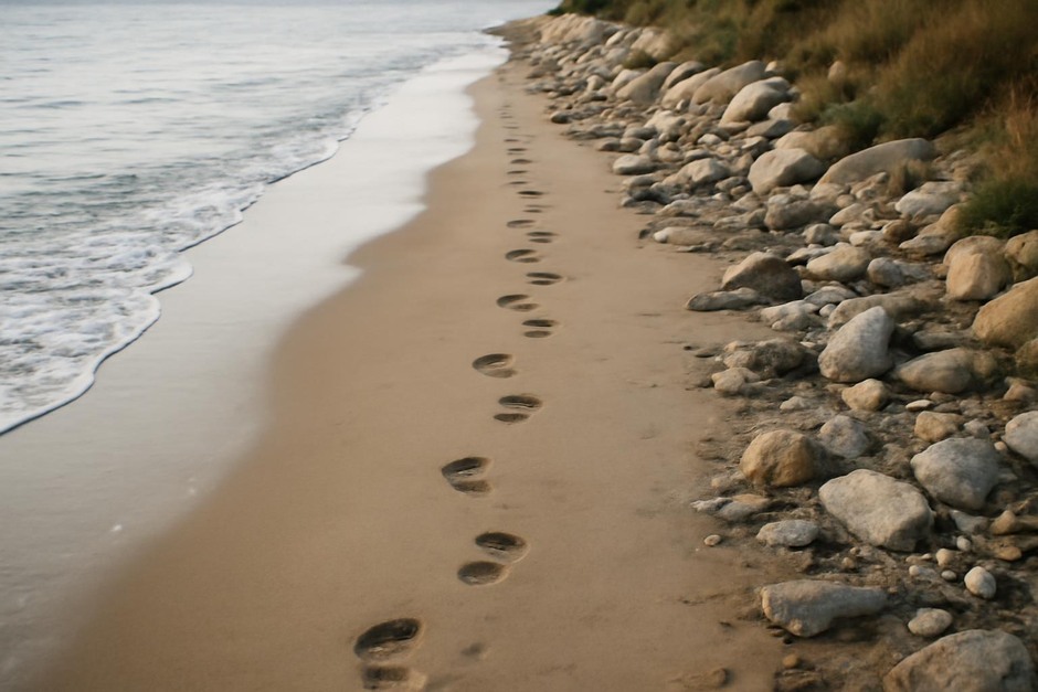 Footprints along a shore with a narrow band of wet sand and nearby rocky path