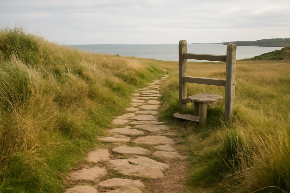 Old stone path through coastal grass with a wooden stile